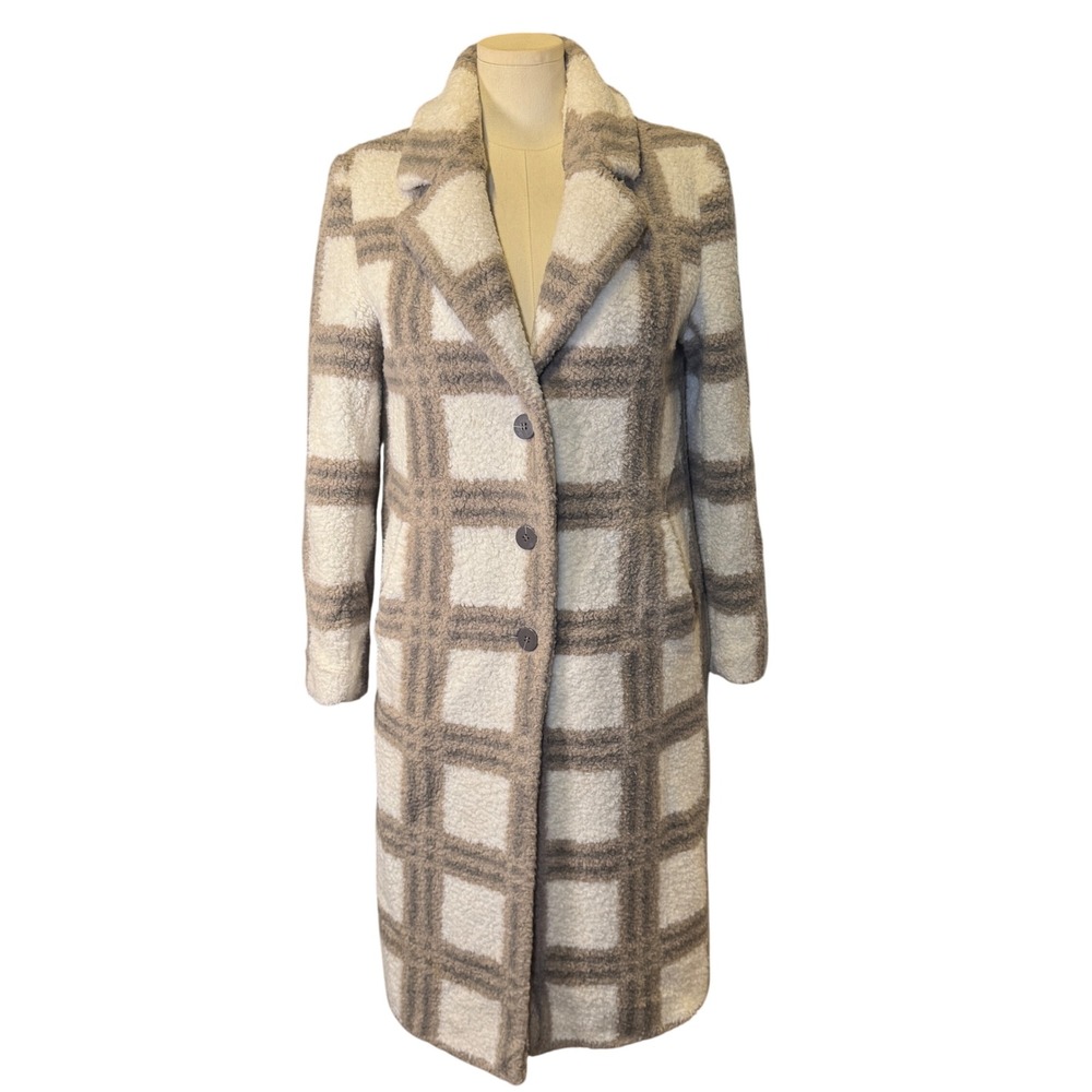 NVLT Women's Plaid Sherpa Long Coat Cream Taupe Wool Blend Size Medium NWOT